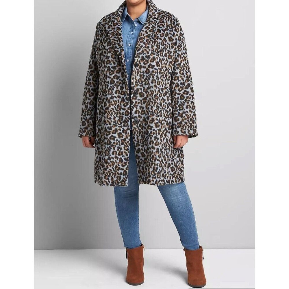 Lane Bryant Faux-Wool Blue Brown Leopard Print Pea Coat Size 24 Business Casual